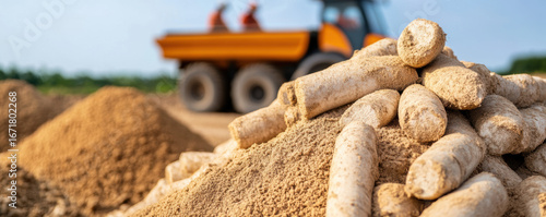 Cassava roots are piled on farmland, showcasing agricultural process with workers in background. scene captures essence of farming and hard work involved in harvesting