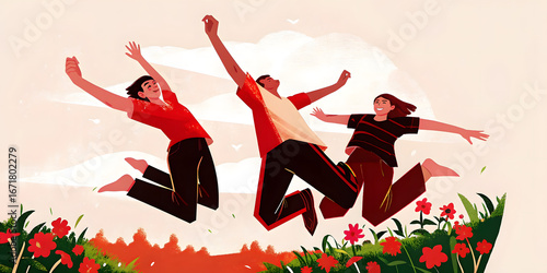 Artistic painting of ten friends jumping together outdoors on green grass under a bright blue sky, expressing joy, freedom and celebration