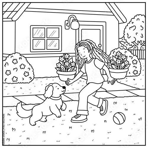 Coloring Page Bold and Easy of a Girl Playing with a Dog