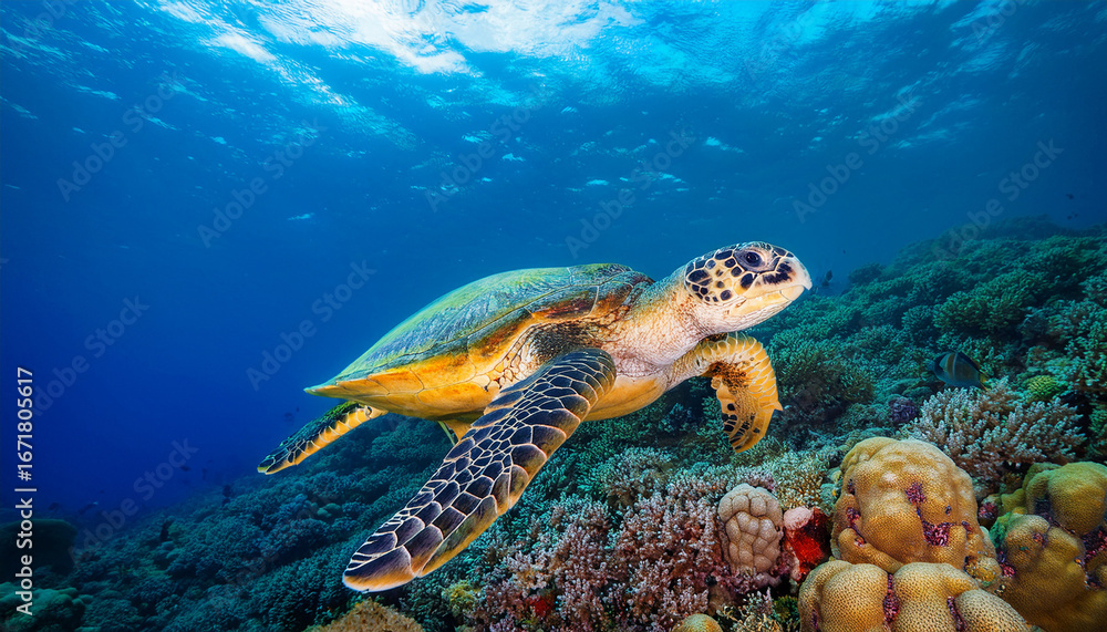 Obraz premium majestic sea turtle gracefully swimming through vibrant coral reef in clear blue ocean water under sunlit surface