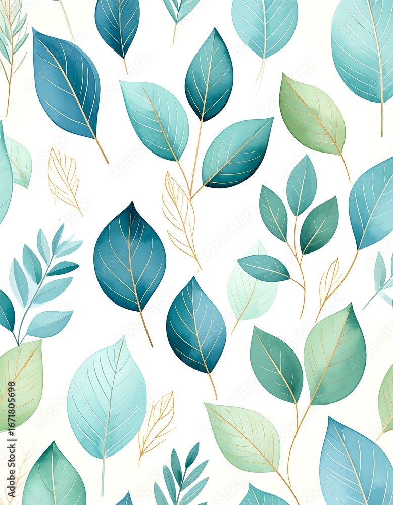Obraz premium A delicate and vibrant repeating pattern of various leaves in teal, mint green, and pale gold hues, set against a crisp white background.