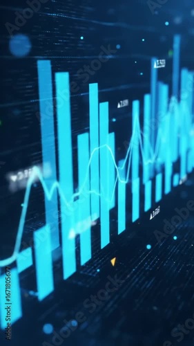 Financial Stock Market Data Chart with Blue Bar Graph and Line Indicators on Digital Display, Illustrating Business Economy Growth and Analysis