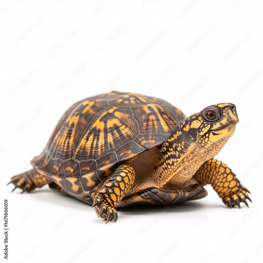 Obraz premium An adult turtle crawls forward with its neck extended, showing off its patterned shell and scaly legs