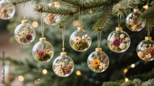 Wallpaper Mural A collection of delicate, transparent glass Christmas ornaments hanging from lush pine branches. Christmas, Christmas Tree, Merry Christmas, Christmas Background, Christmas Lights Torontodigital.ca