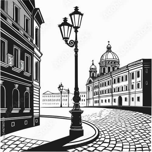 Elegant European city street scene with detailed architecture and cobblestone road drawing