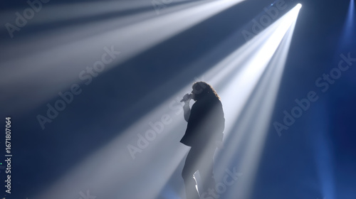 Performer stands on stage, silhouetted against intense spotlight beams cutting through stage fog, creating dramatic atmosphere during live music event