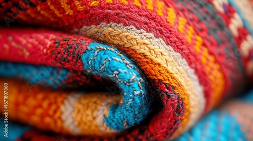 Colorful woven textile, vibrant patterns in red and blue, cozy blanket texture showcasing craftsmanship and warmth.