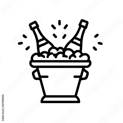 Two champagne bottles chilling in an ice bucket with bubbles in a black and white outline style vector
