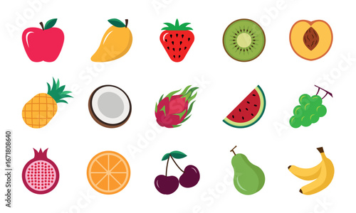 Fresh tropical fruits vector icons, fresh exotic healthy food set in flat design