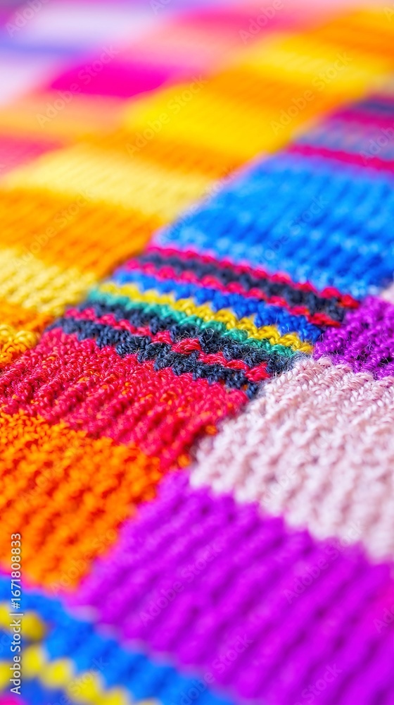 Fototapeta premium Colorful woven textile, vibrant patterns in bright shades of pink, blue, and orange, perfect for fashion or home decor use.