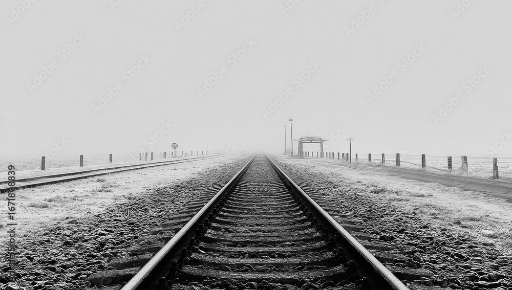 Naklejka premium Frozen railway tracks stretching into a foggy distance.