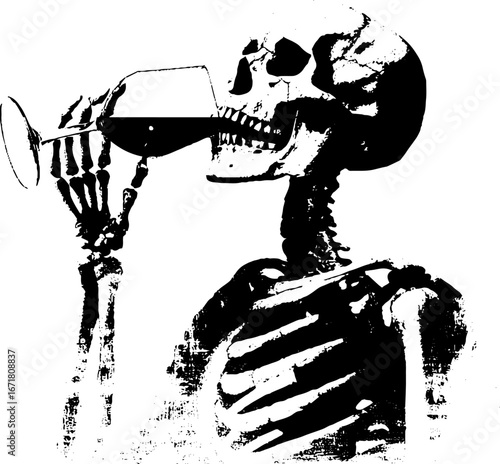 Vintage skeleton enjoying a drink urban design for halloween posters