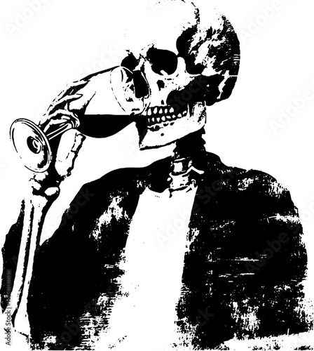 Grunge skeleton drinking wine black and white illustration for urban art and design
