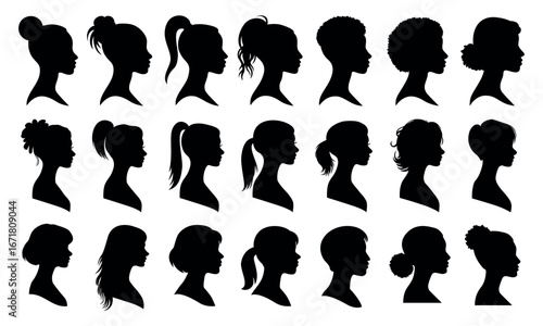 Female head cameo silhouettes set, woman profile faces and hairstyle vector icons