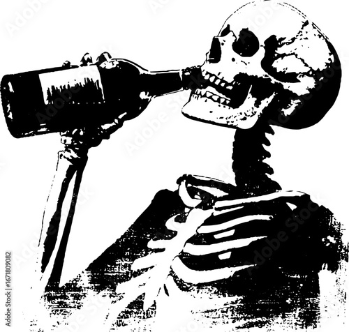 Grunge black and white skeleton drinking scene for halloween design
