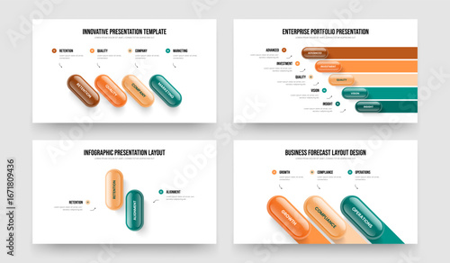 Financial Strategy Four Five Two Three Option Diagram Slide Design Vector Illustration Set. Consulting Campaign 4 5 2 3 Element Infographic Frame Template Bundle.