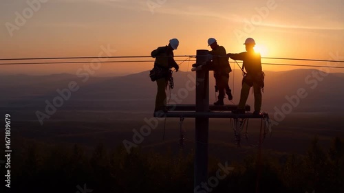 Silhouetted electrical workers on power pole performing maintenance at sunset over mountain landscape.