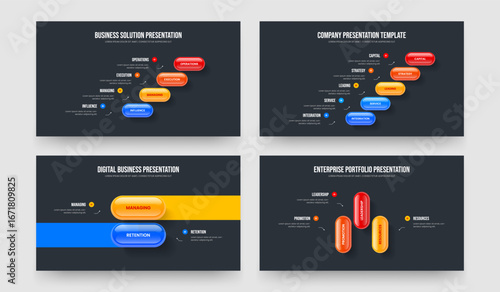 Creative Strategy Four Five Two Three Element Diagram Presentation Design Vector Illustration Collection. Enterprise Profile 4 5 2 3 Step Infographic Slide Template Set.