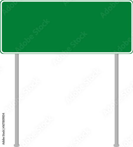 Large green rectangular highway sign with poles