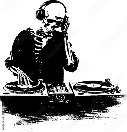 Grunge black and white skeleton dj art for music poster and design