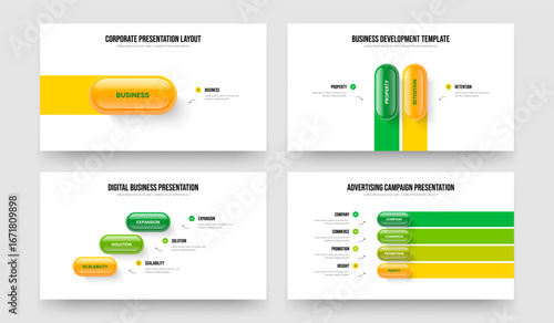 Advertising Plan 1 2 3 4 Option Infographic Slideshow Design Bundle. Sales Development One Two Three Four Step Diagram Slide Layout Vector Illustration Collection.