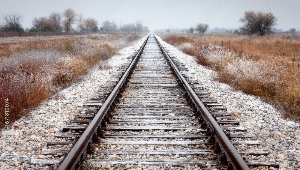 Fototapeta premium Frozen railway tracks stretching into a vast landscape.