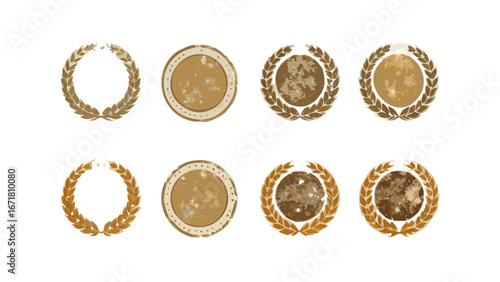 Vintage laurel wreath vector set with gold coin and medal design elements for award and achievement theme 100
