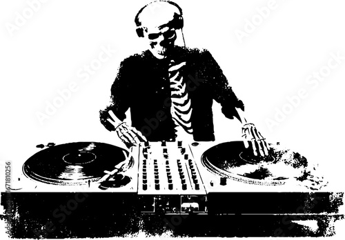 Grunge black and white skeleton dj illustration for urban art and design projects