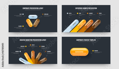 Visual Strategy 3 4 5 1 Step Diagram Slide Design Set. Sales Review Three Four Five One Option Infographic Frame Layout Vector Illustration Bundle.