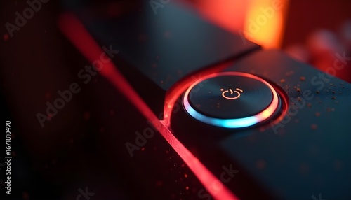 Close-up cinematic shot of a power button on a sleek black gaming tower, surrounded by ambient RGB light spilling from inside the case. Add subtle dust particles in the light rays for realism.
