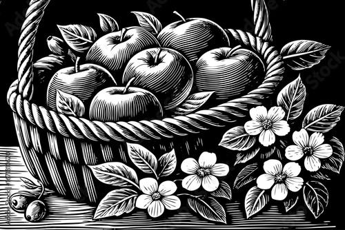 Basket filled with fresh apples decorated with leaves and flowers, rustic natural composition, elegant still life black and white sketch.