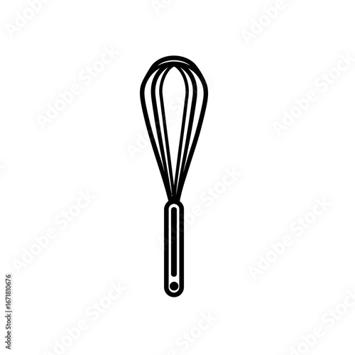 A simple black and white line drawing of a kitchen whisk with a handle and wire loops for mixing food