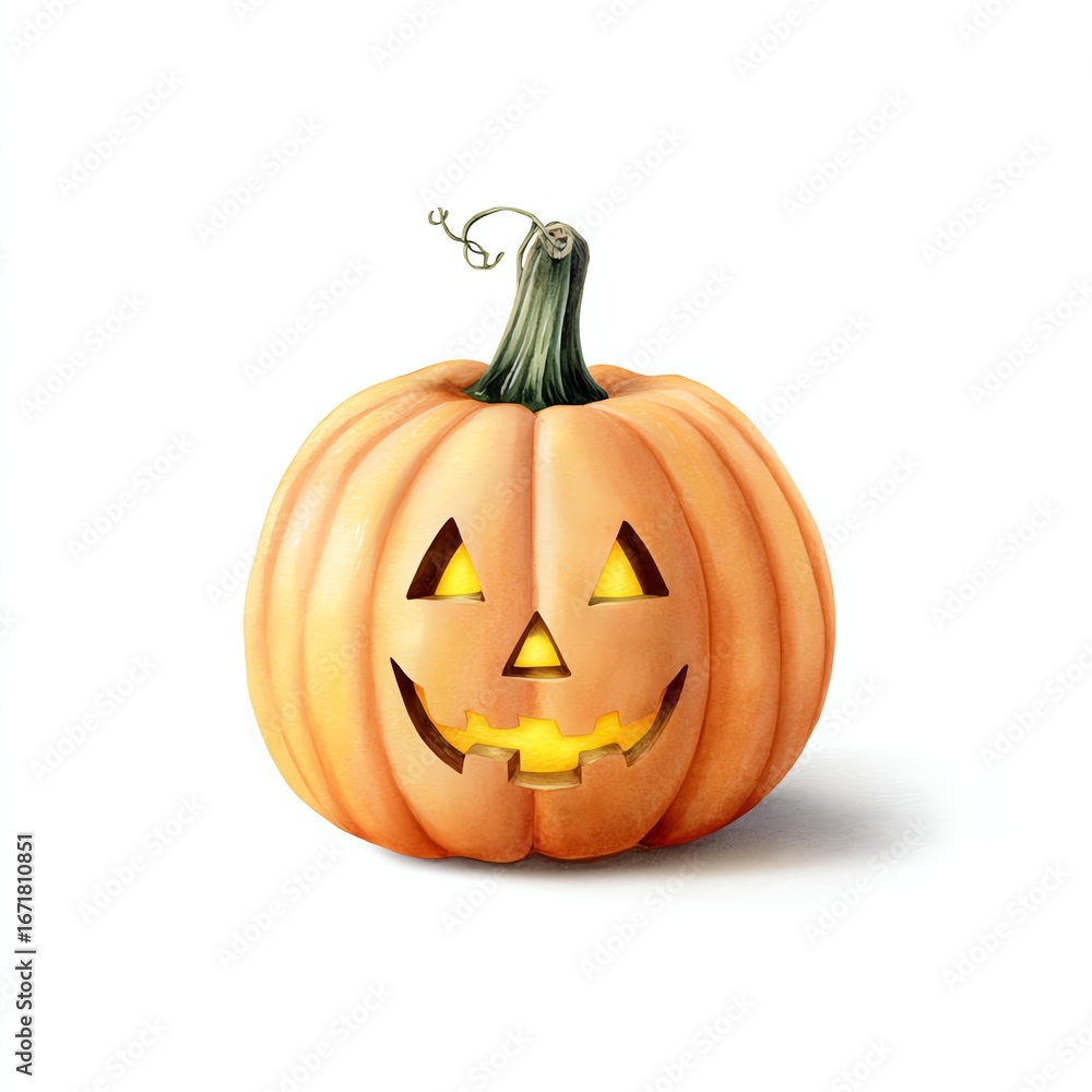 Fototapeta premium Spooky pumpkin: A classic and festive Halloween symbol, a glowing jack-o'-lantern, carved with a smiling face, perfectly embodies the spirit of spooky celebration. 