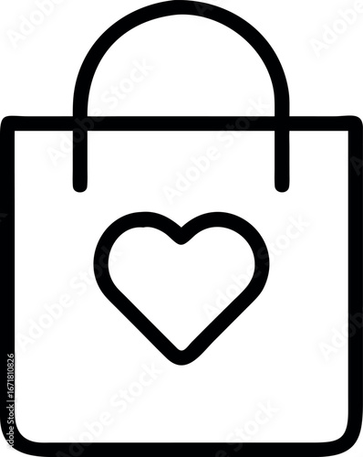Simple black outline icon of a shopping bag featuring a centered heart symbol isolated on a white background for retail.