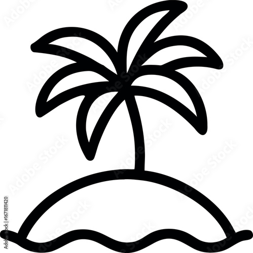 Simple black and white outline icon depicting a lone palm tree on a tropical island, isolated on a white background.