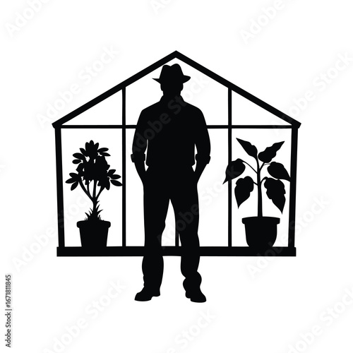 Silhouette of a Gardener in a Greenhouse with Plant Pots, farmer in greenhouse silhouette vector illustration