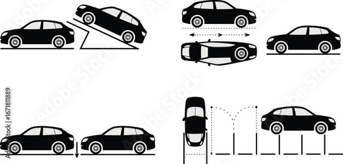Flat vector car parking maneuvers illustration, top view vehicle turning, ramp, parallel, reverse, automated system, instructional driving diagram design