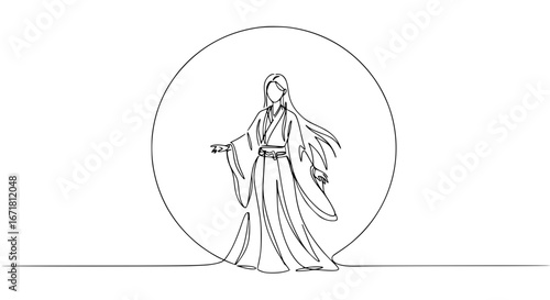 Elegant woman in traditional attire with flowing hair and moon background - Concept of Mid-Autumn Festival  