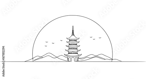Traditional Chinese pagoda surrounded by mountains and sunset themes of Mid-Autumn Festival  