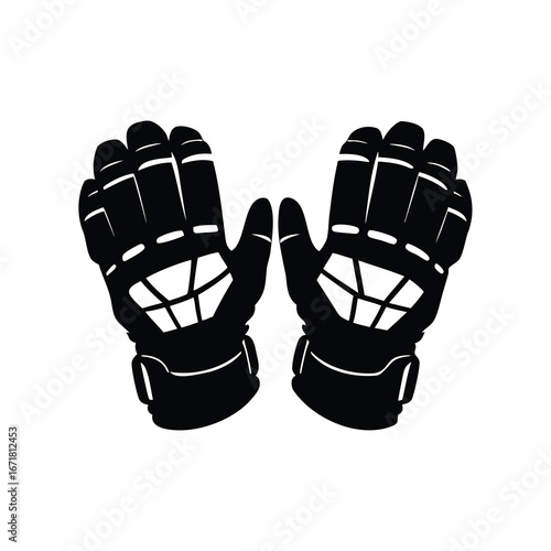 Two black hockey gloves facing up with a white background design, hockey gloves silhouette vector illustration