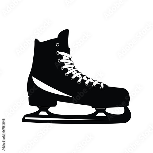 Single black ice skate illustration with white laces and accents on white, hockey skates silhouette vector illustration