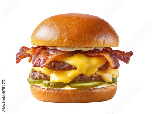 Juicy double cheeseburger, crispy bacon, tangy pickles, melted cheese perfection. A culinary masterpiece!