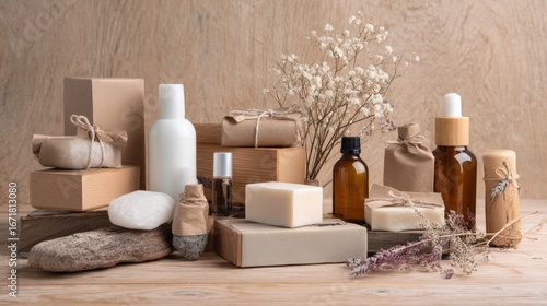 Wallpaper Mural Eco bottles styled photography lifestyle wellness inspiration balance harmony decorative composition cultural aesthetics creativity modern artistic sustainable design Torontodigital.ca