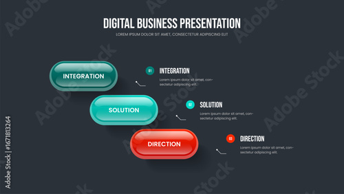 Business Report Three Step Infographic Slideshow Design. Creative Performance 3 Element Diagram Slide Template. Digital Profile Presentation Layout Vector Illustration.