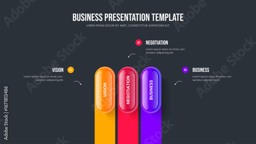 Visual Briefing Three Element Diagram Slideshow Template. Service Growth Slide Design Vector Illustration. Product Solution 3 Option Infographic Frame Layout.