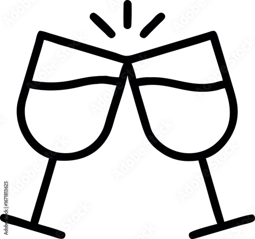 Simple line art of two wine glasses clinking together in celebration