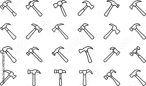Collection of black outline hammer icons on white background tool construction