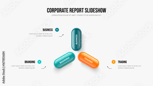 Sales Performance Presentation Template Vector Illustration. Financial Launch Three Option Diagram Slide Layout. Creative Report 3 Element Infographic Slideshow Design.