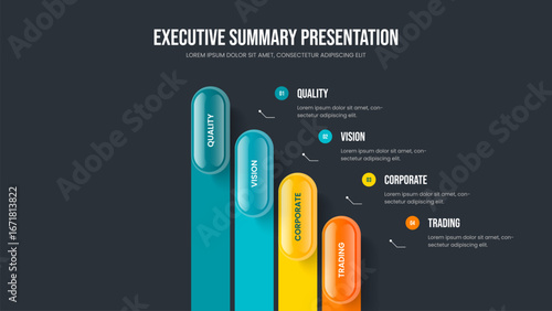 Product Solution 4 Step Diagram Slide Design. Enterprise Briefing Four Element Infographic Slideshow Template. Consulting Strategy Frame Layout Vector Illustration.