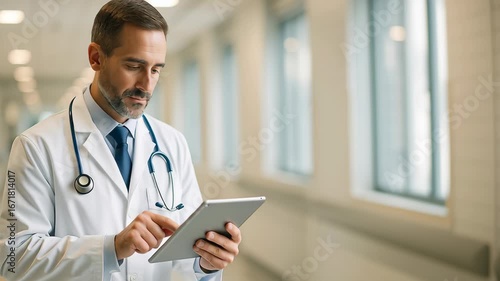 Doctor reviewing patient data tablet hospital hallway ensuring privacy, security compliance, and confidentiality for patient data